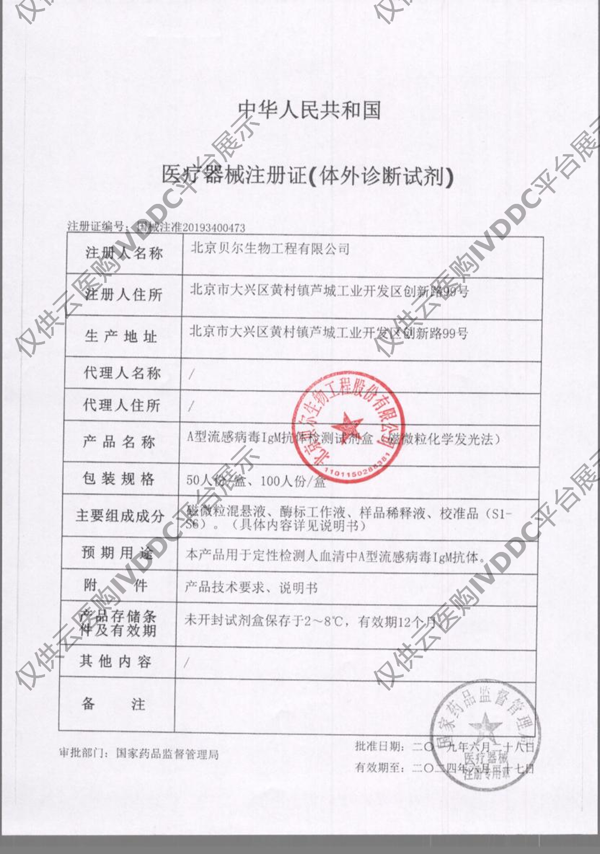 【贝尔】A型流感病毒IgM抗体检测试剂盒(磁微粒化学发光法)注册证