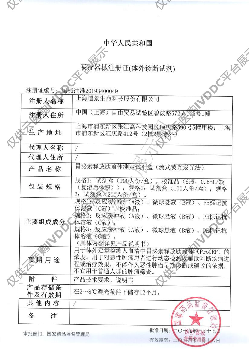 【透景】胃泌素释放肽前体测定试剂盒（流式荧光发光法）+Tesmi F4000注册证