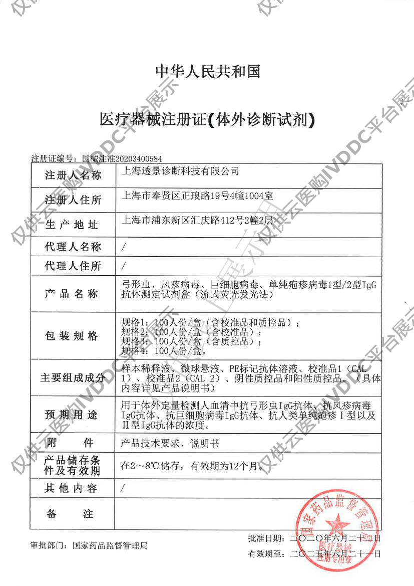 【透景】弓形虫、风疹病毒、巨细胞病毒、单纯疱疹病毒1型2型IgG抗体测定试剂盒（流式荧光发光法）+Tesmi F4000注册证