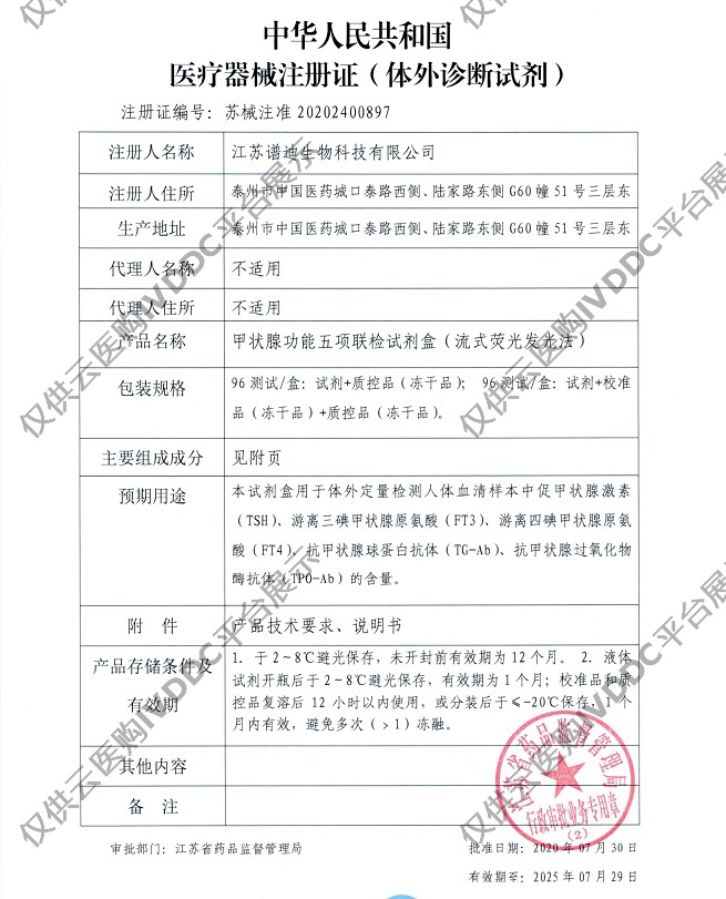 【BIOPREDIA】甲状腺功能五项联检试剂盒（流式荧光发光法）注册证