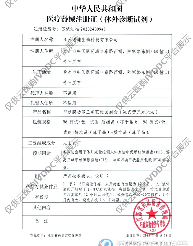 【BIOPREDIA】甲状腺功能三项联检试剂盒（流式荧光发光法）注册证