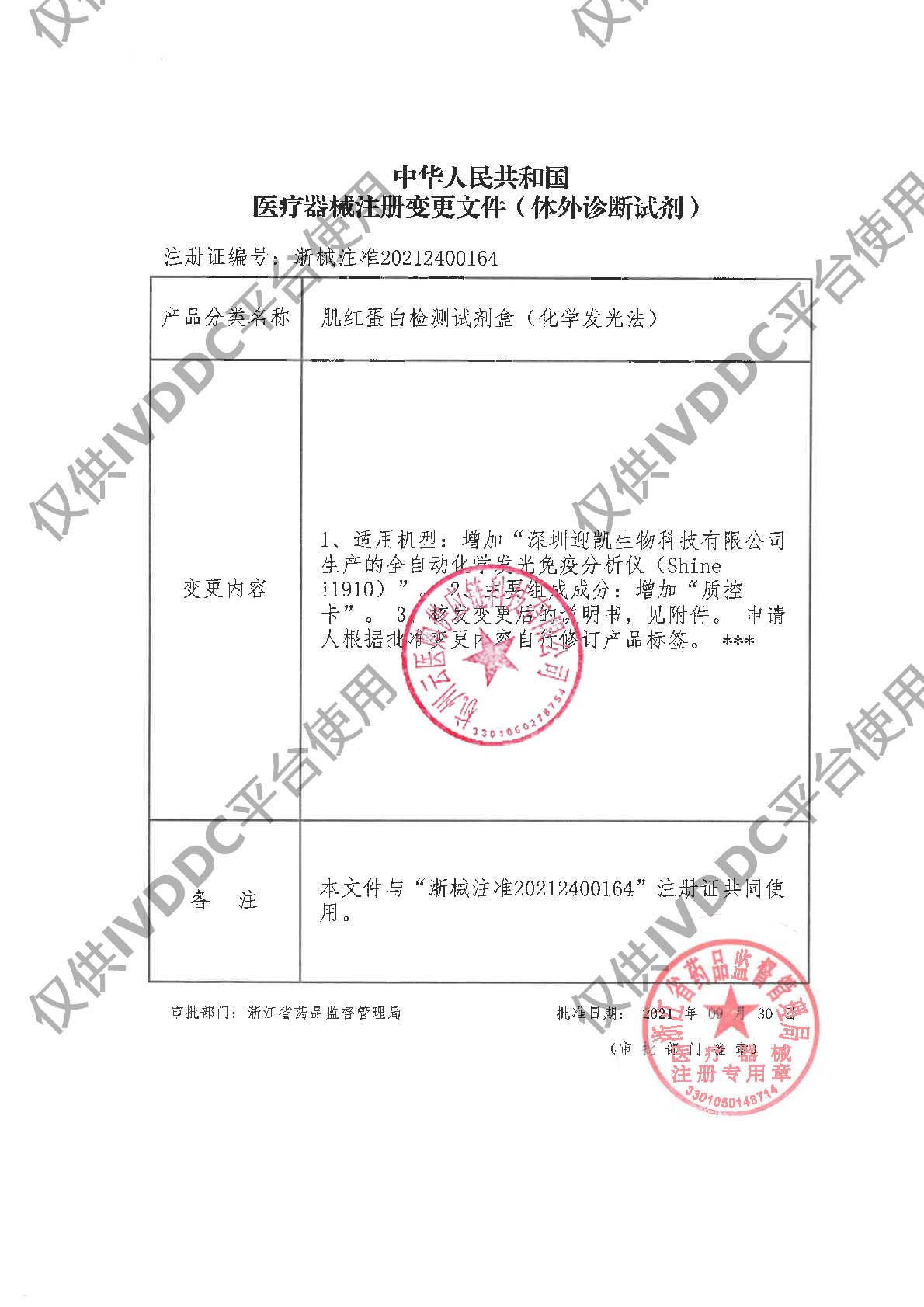 【宁波奥丞】肌红蛋白检测试剂盒(化学发光法)注册证