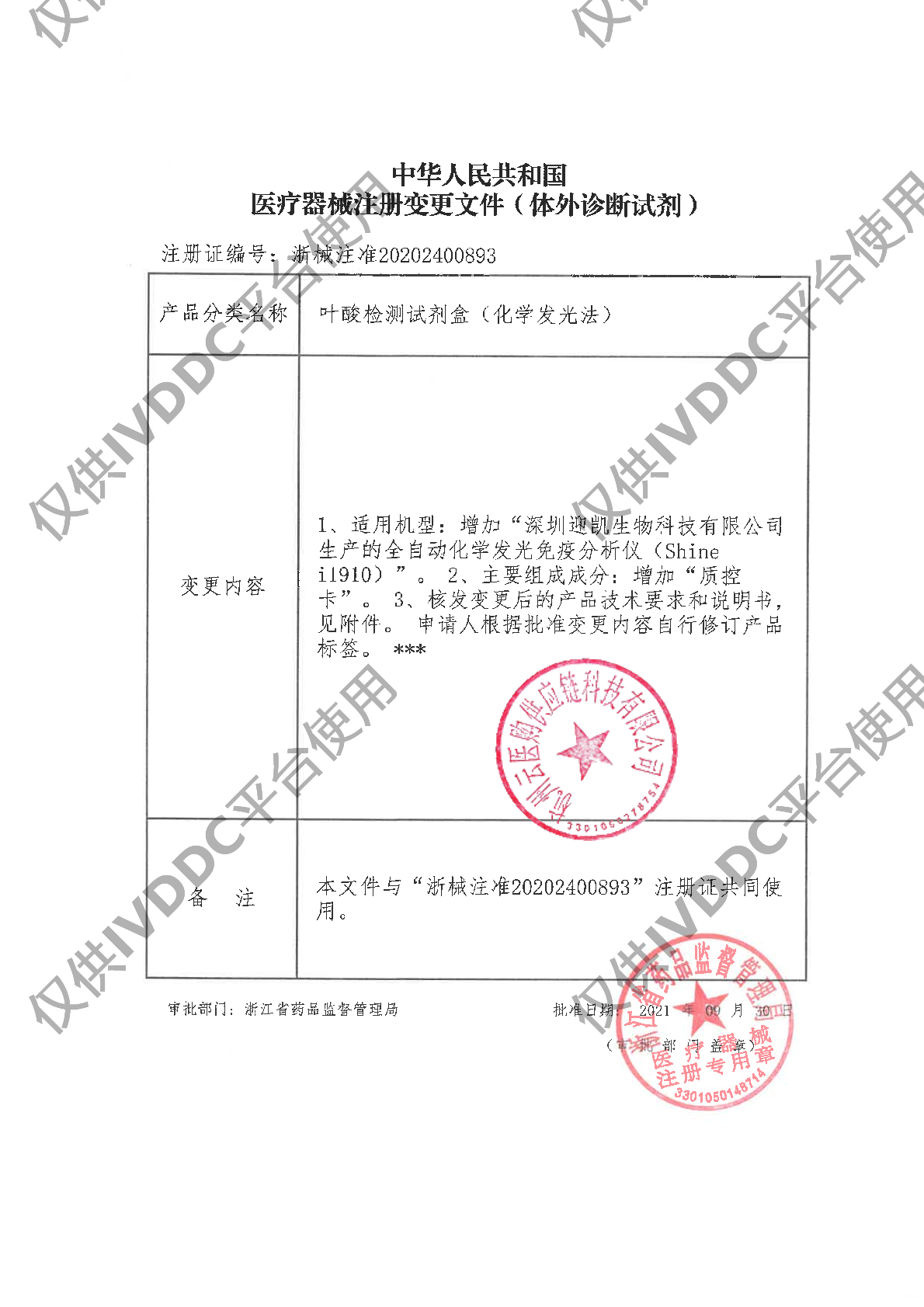 【宁波奥丞】叶酸检测试剂盒(化学发光法)注册证