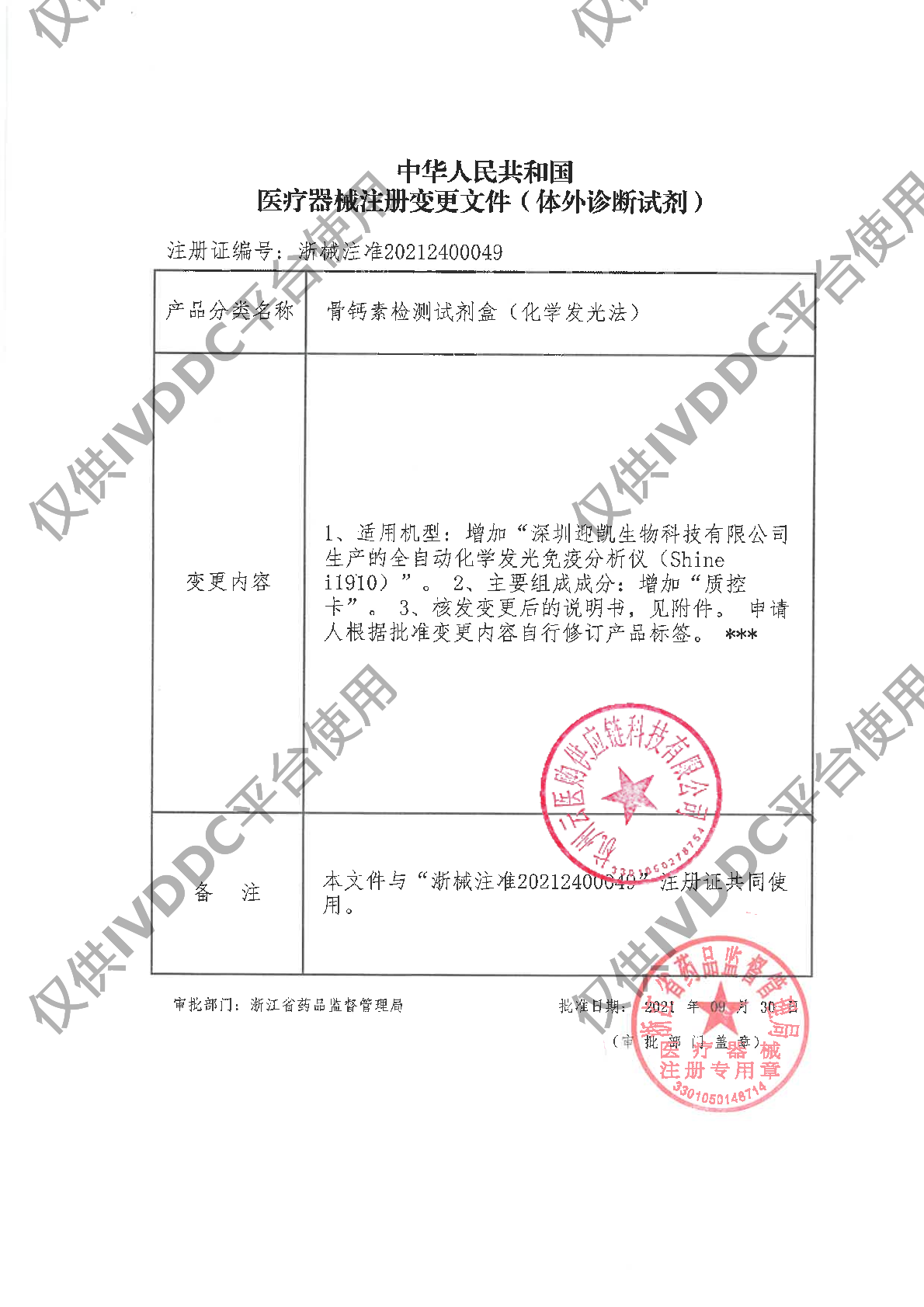 【宁波奥丞】骨钙素检测试剂盒(化学发光法)注册证